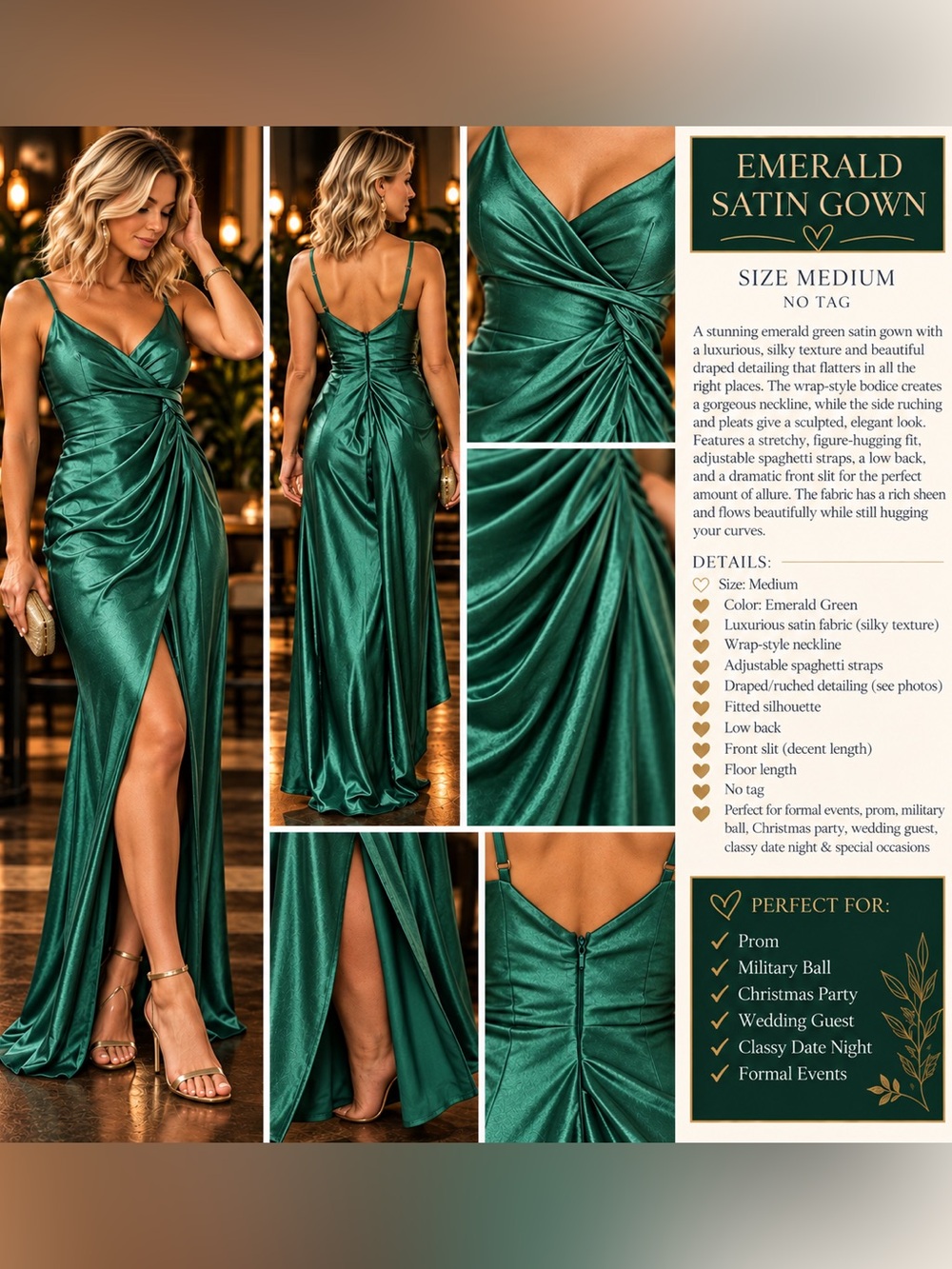 Emerald Satin Draped Maxi Dress - Women